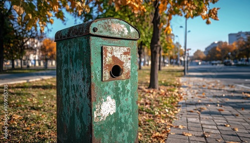 A weathered green trash bin stands on a sidewalk lined with autumn trees, highlighting urban waste disposal in a seasonal setting.