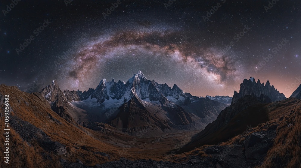 A majestic mountain range stands tall under a breathtaking night sky, the Milky Way galaxy stretching across the heavens in a magnificent display of celestial beauty. A majestic mountain range stands tall under a breathtaking night sky, the Milky Way galaxy stretching across the heavens in a magnificent display of celestial beauty.