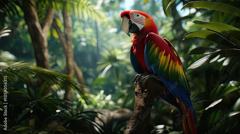 Obraz premium A scarlet macaw perches on a branch in a lush, green jungle.