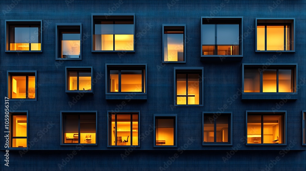 Modern office building facade featuring illuminated windows at dusk, geometric patterns, blue metal panels, warm interior lights, contemporary urban design. Modern office building facade featuring illuminated windows at dusk, geometric patterns, blue metal panels, warm interior lights, contemporary urban design.
