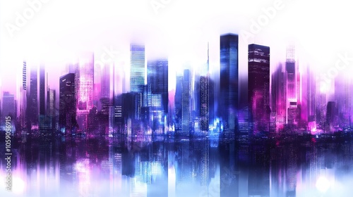 A modern city skyline with skyscrapers peeking through the fog at dawn, with soft, cool tones. 