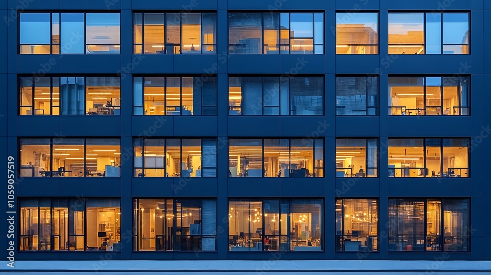 Modern office building facade featuring illuminated windows at dusk, geometric patterns, blue metal panels, warm interior lights, contemporary urban design. Modern office building facade featuring illuminated windows at dusk, geometric patterns, blue metal panels, warm interior lights, contemporary urban design.