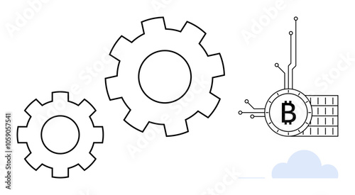 Black and white gears and Bitcoin symbol on a circuit board highlight blockchain and cryptocurrency technology. Ideal for financial tech, blockchain science, digital transactions, decentralized