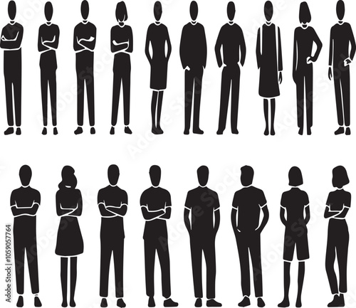 silhouette vector set of human characters in various standing and crossed-arm poses, minimalistic design icons for people illustrations and social communication concepts