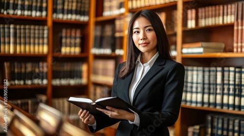 Young Asian Woman Studying in a Library