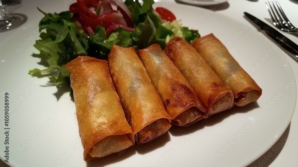 Crispy Spring Rolls Served with Fresh Salad Crispy Spring Rolls Served with Fresh Salad