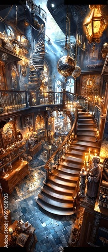 Ornate Staircase in a Grand Library.