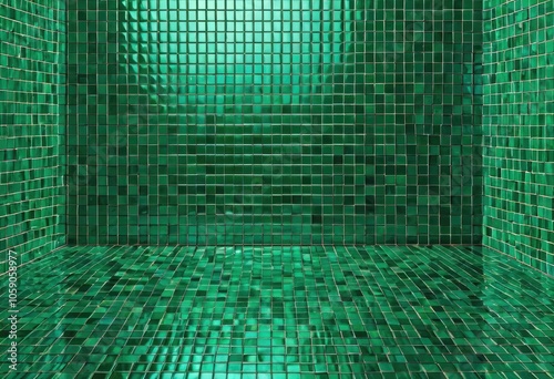 Green tile wall and floor.