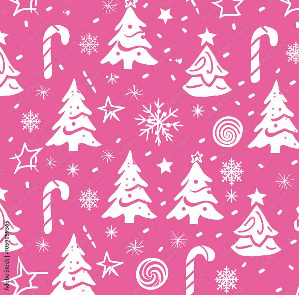 Pink Christmas trees and candy cane patterns, pink background, white lines, vector illustration Pink Christmas trees and candy cane patterns, pink background, white lines, vector illustration