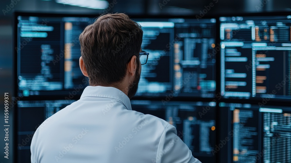 A focused individual analyzes data on multiple computer screens in a tech-driven environment, emphasizing software and analytical work.