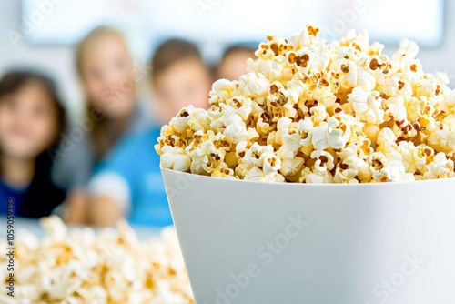  Un gran tazón de palomitas frente a un grupo de niños viendo una película. La escena es divertida y transmite el ambiente de una tarde de cine en casa.


