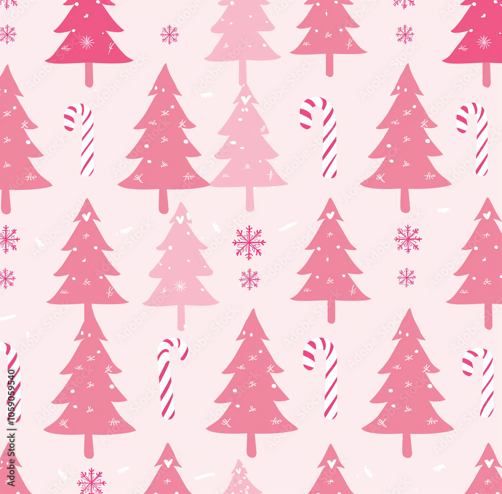 Obraz premium Pink Christmas trees and candy cane patterns, pink background, white lines, vector illustration