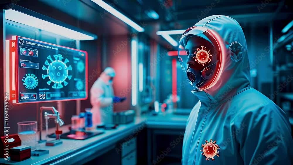 Scientist in protective gear working in a lab with a virus model displayed on a monitor. Scientist in protective gear working in a lab with a virus model displayed on a monitor.