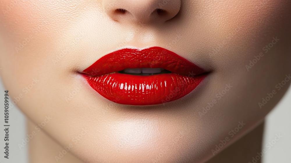 Bright red female lips isolated on a white background. Generated by artificial intelligence. Bright red female lips isolated on a white background. Generated by artificial intelligence.