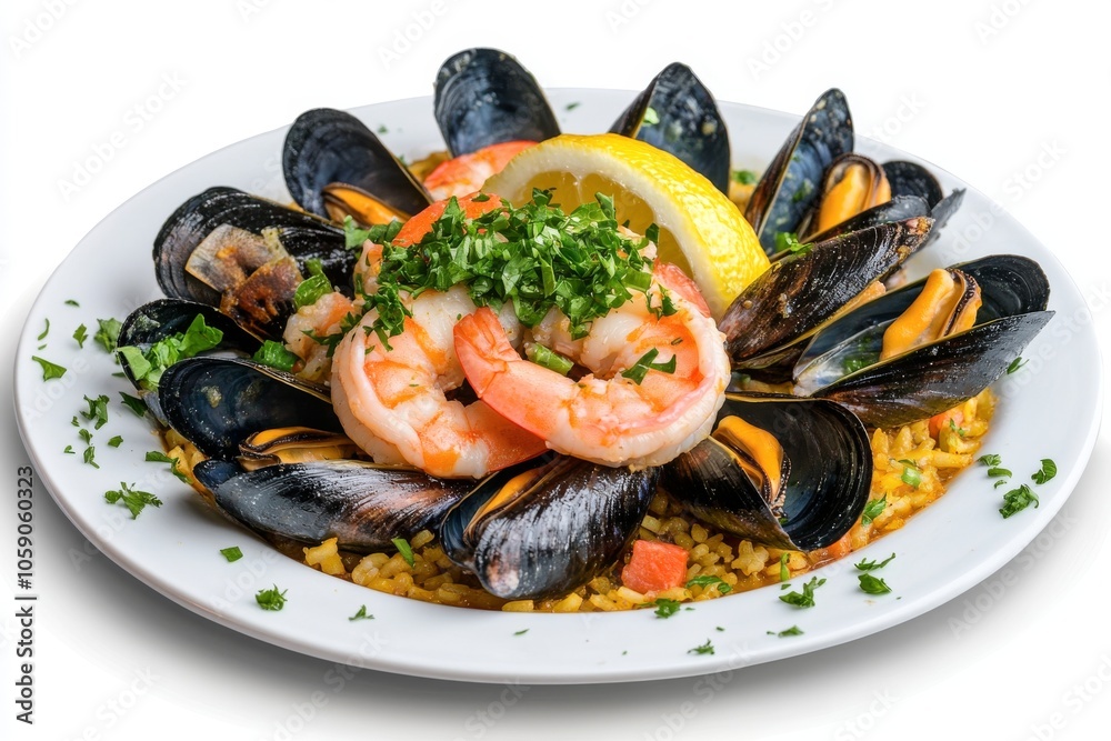 Paella tradicional española con mariscos, servida en un plato blanco y decorada con limón y perejil fresco.
Paella tradicional española con mariscos, servida en un plato blanco y decorada con limón y perejil fresco.