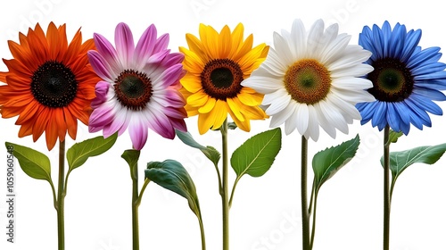 Colorful Sunflowers Isolated on White Background