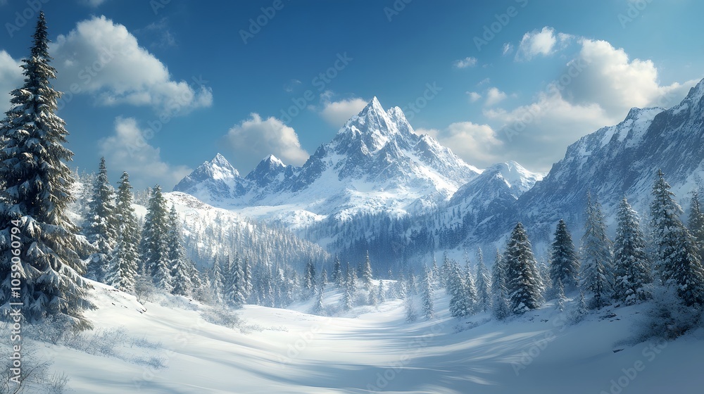 Panoramic winter mountain vista with snow-covered pines, pristine white snow, majestic peaks, crystal clear blue sky, frost-covered forest wonderland. Panoramic winter mountain vista with snow-covered pines, pristine white snow, majestic peaks, crystal clear blue sky, frost-covered forest wonderland.