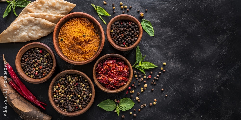 A collection of spices like peppers and turmeric in bowls, representing culinary richness and tradition.