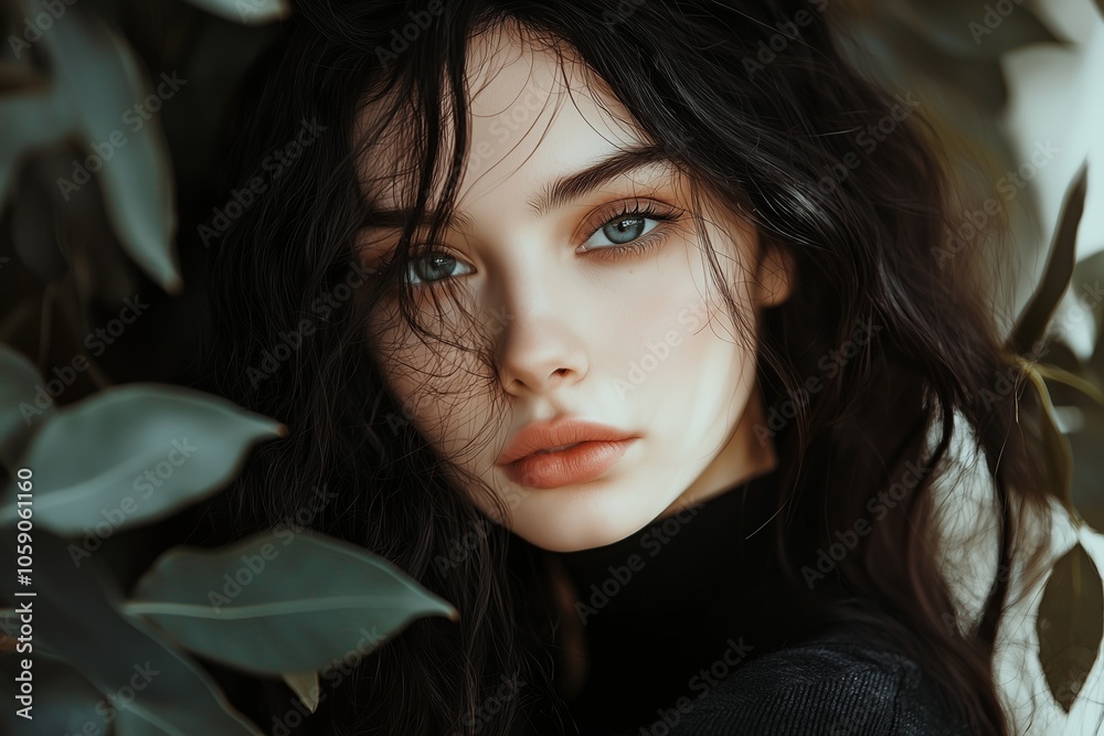 A dreamy portrait of a woman with expressive eyes, surrounded by lush leaves in an ethereal atmosphere.