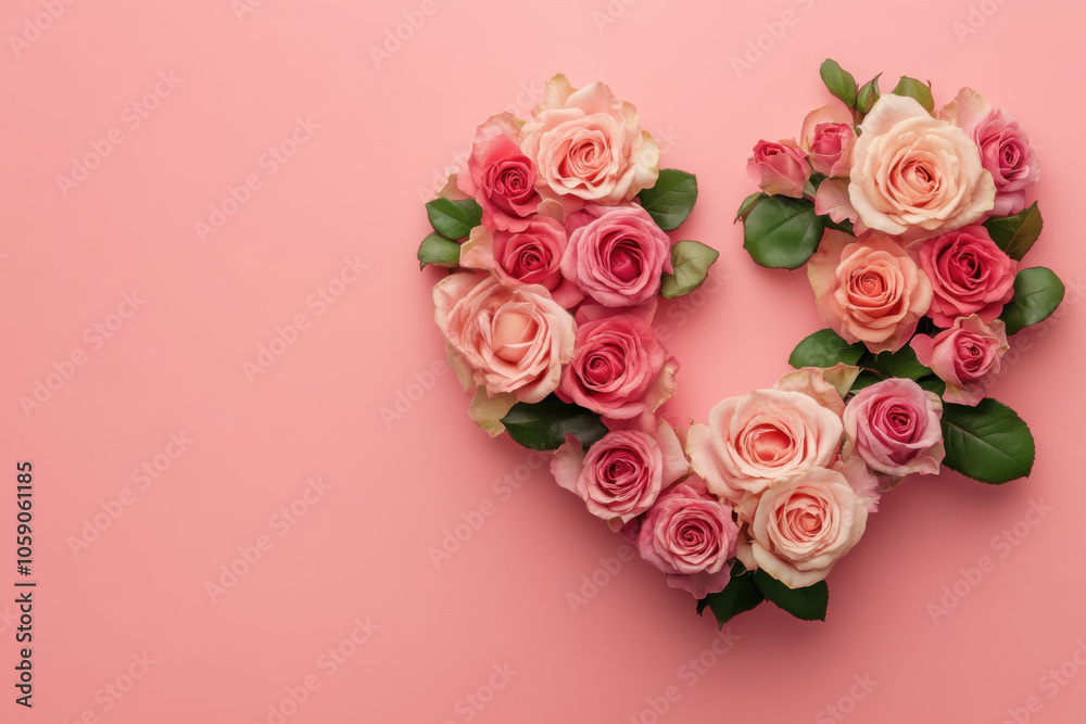 A heart made of pink roses is on a pink background A heart made of pink roses is on a pink background