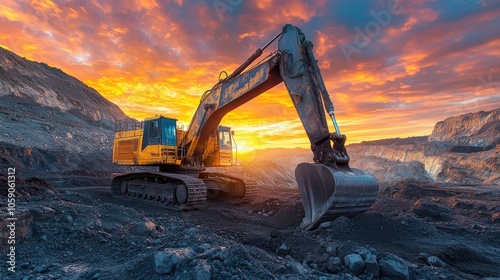 Wallpaper Mural A yellow excavator stands in a mine at sunset, its bucket lowered and ready for work. Torontodigital.ca