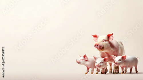Family of pigs standing together on a soft background.