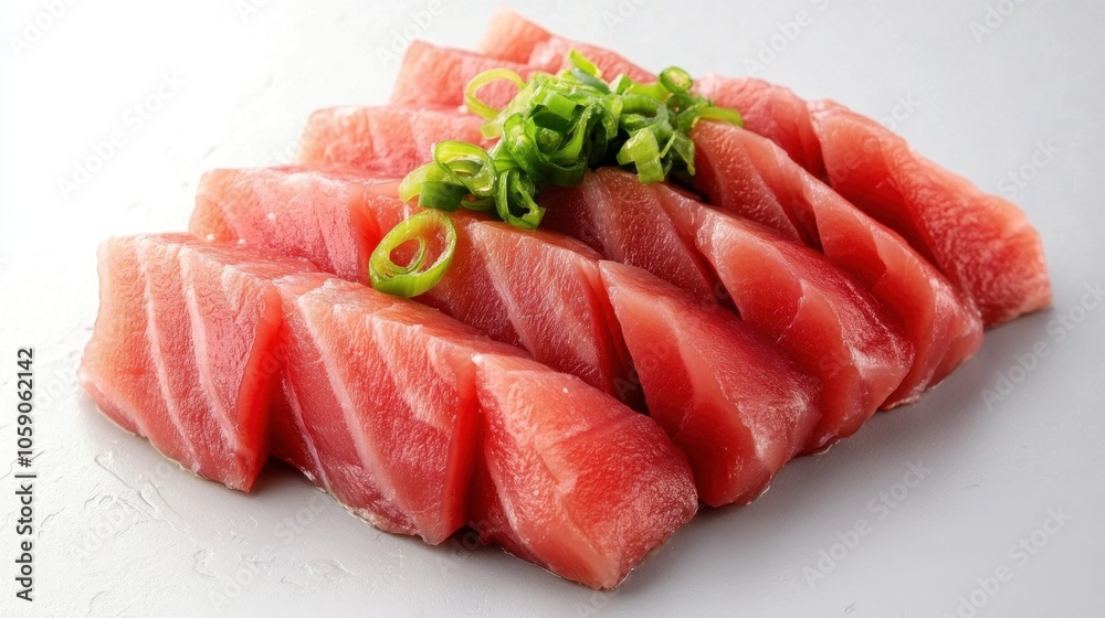 Fresh sashimi platter with sliced tuna and green garnish for culinary presentation Fresh sashimi platter with sliced tuna and green garnish for culinary presentation