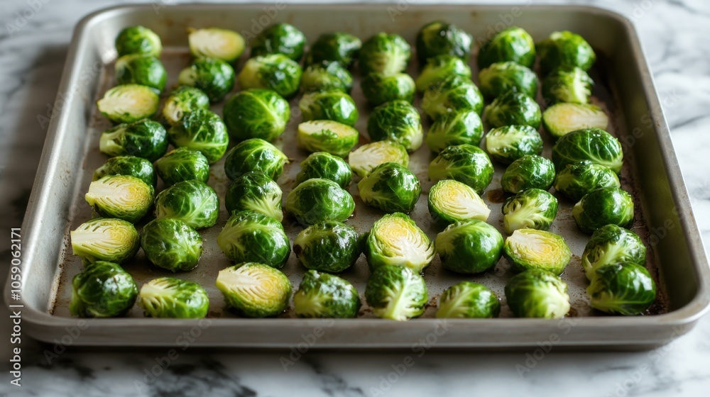 Fresh brussels sprouts arranged on baking tray for healthy roasting recipe Cook Something Bold and Pungent Day Fresh brussels sprouts arranged on baking tray for healthy roasting recipe Cook Something Bold and Pungent Day