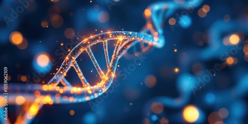 3D DNA Helix with Glowing Particles on Blue Background