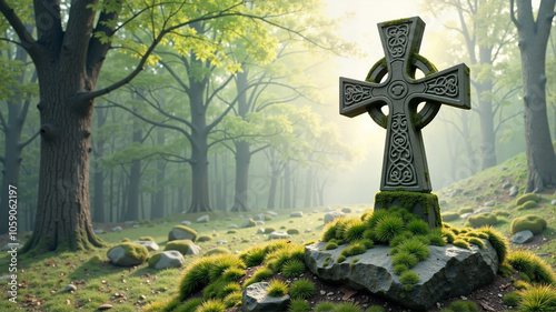Ancient Celtic Cross in Mystical Forest Setting with Saint Patrick's Day Heritage