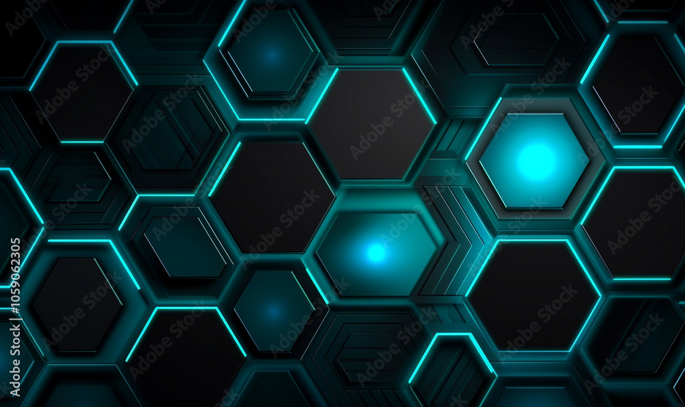 Geometric wall, neon light, wooden Hexagon, honeycomb, 3d, front View, copy space. Digital abstract background. Geometric wall, neon light, wooden Hexagon, honeycomb, 3d, front View, copy space. Digital abstract background.