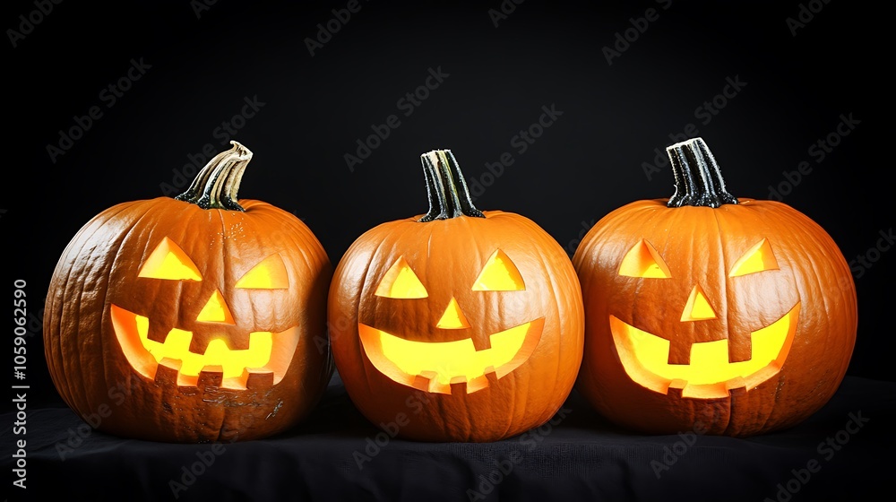 Three lit jack o lanterns for Halloween Smooth Blue Background with Copy Space for Advertisements Three lit jack o lanterns for Halloween Smooth Blue Background with Copy Space for Advertisements