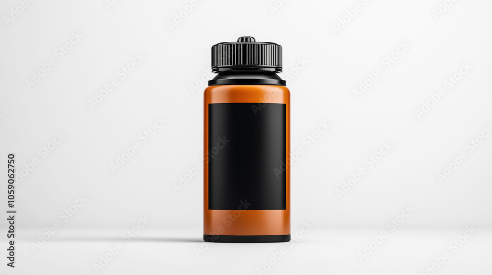 Orange plastic bottle with black label and ribbed black cap, isolated on a neutral background Orange plastic bottle with black label and ribbed black cap, isolated on a neutral background