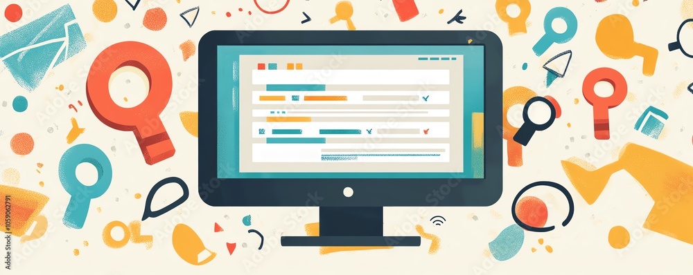 Illustration of a computer screen displaying a list of frequently asked questions, surrounded by colorful question marks and search icons, emphasizing online information retrieval Illustration of a computer screen displaying a list of frequently asked questions, surrounded by colorful question marks and search icons, emphasizing online information retrieval
