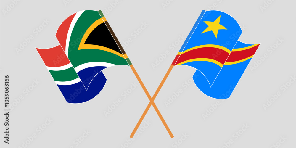 Crossed and waving flags of South Africa and Democratic Republic of the Congo. Vector illustration Crossed and waving flags of South Africa and Democratic Republic of the Congo. Vector illustration