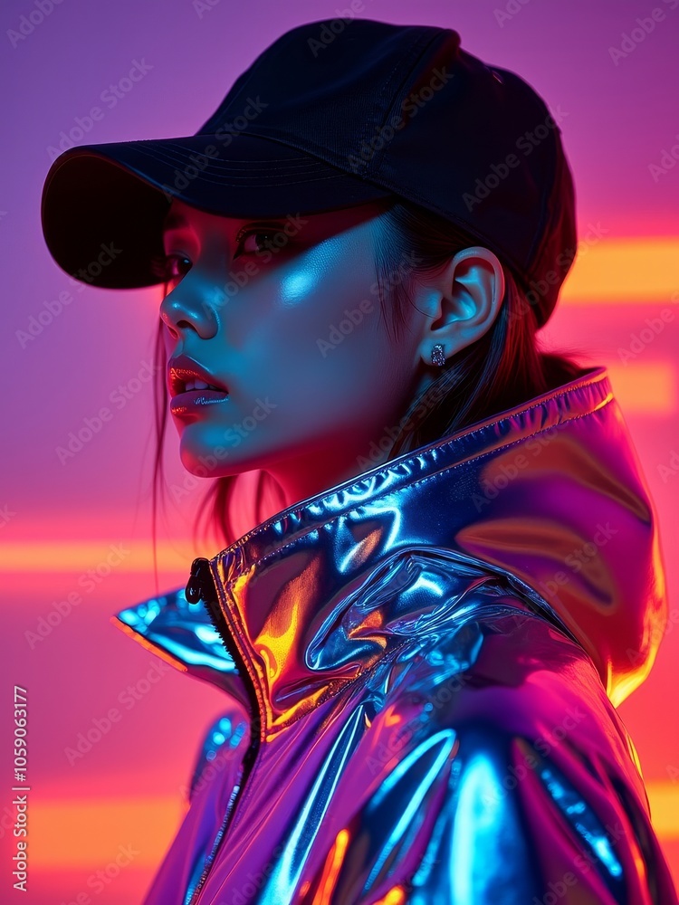 Trendy futuristic fashion portrait with neon lighting and reflective jacket Trendy futuristic fashion portrait with neon lighting and reflective jacket