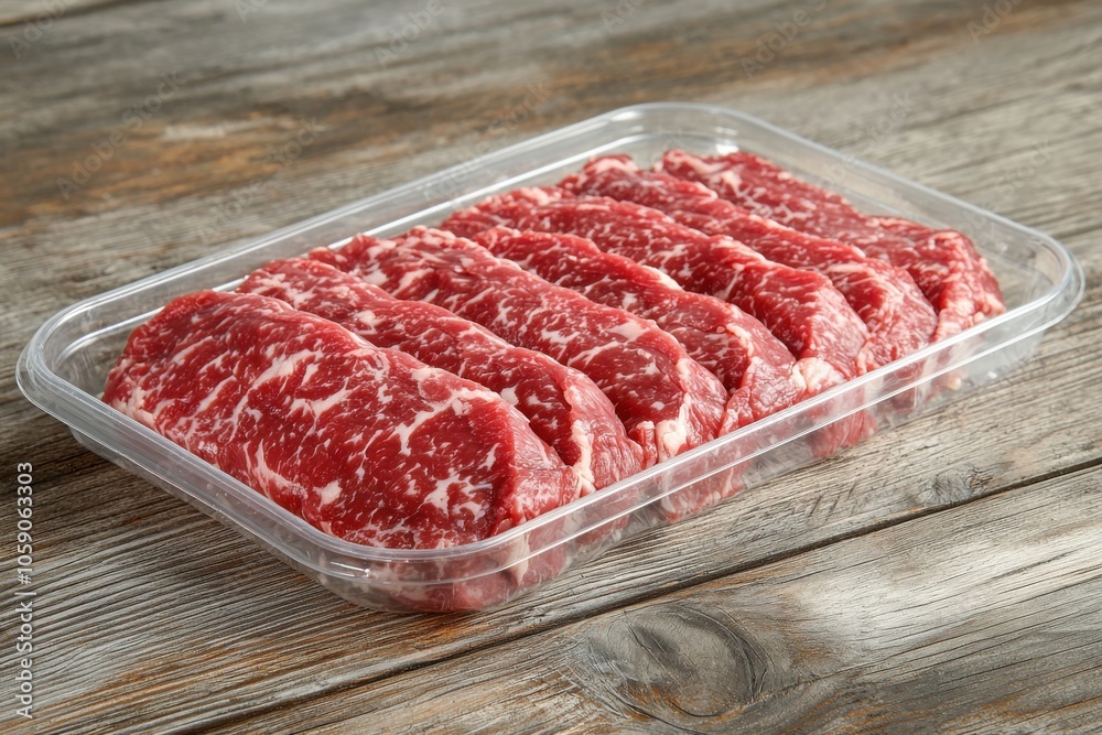 A clear plastic tray filled with several pieces of marbled beef steak, showcasing its rich red color and fat distribution. A clear plastic tray filled with several pieces of marbled beef steak, showcasing its rich red color and fat distribution.