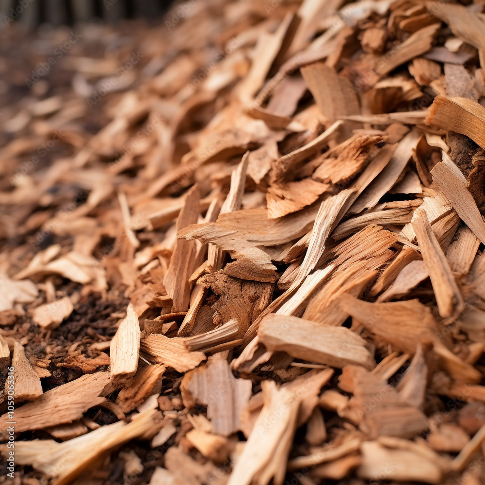 Pile of wood chips, organic mulch, wooden storage facility, woodworking industry, fuel and raw materials for heating solid fuel industrial boilers on wood chips, source of pulp for paper. Pile of wood chips, organic mulch, wooden storage facility, woodworking industry, fuel and raw materials for heating solid fuel industrial boilers on wood chips, source of pulp for paper.