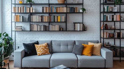 Sophisticated Modern Living Room: Modular Gray Sofa, Sleek Black Coffee Table, and Abundant Natural Light with Minimalistic Decor and Greenery – High-Quality Stock Photo.