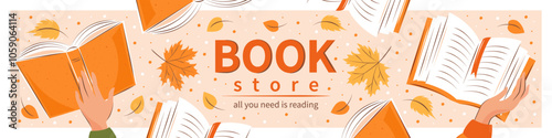 Horizontal banner for bookstore, bookshop or library. Books with autumn bright leaves. Vector illustration for poster, cover, banner, marketing, sale.
