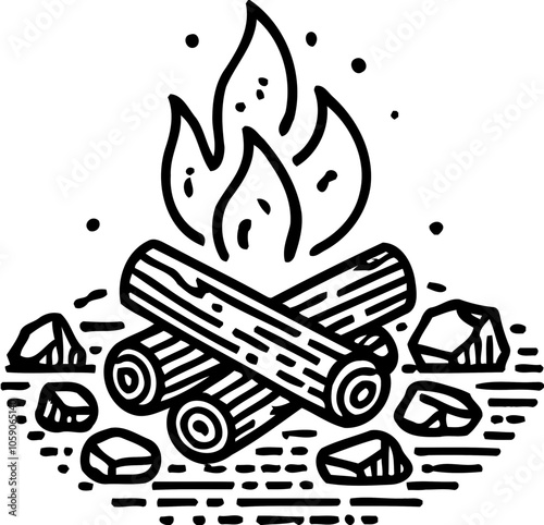 Silhouette of campfire with logs and stones, camping and outdoor activity icon, firewood illustration

