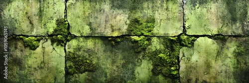 cement block wall with deep cracks filled with green moss, adding an earthy, rustic touch