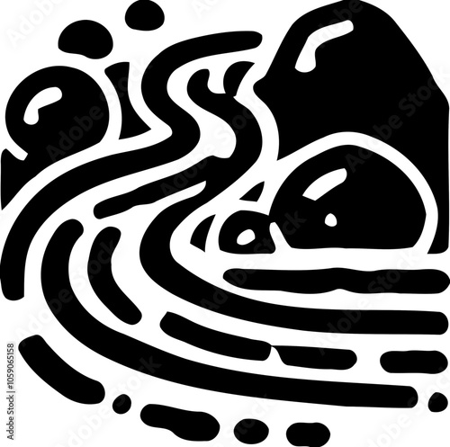 Silhouette of flowing river with rocks, nature and landscape icon, water and wilderness illustration
