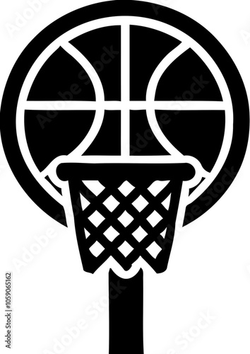 Silhouette of basketball hoop with ball, sports and recreation icon, basketball game illustration
