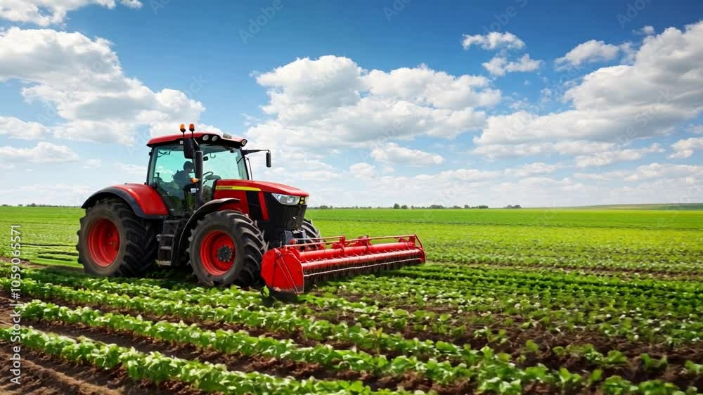 Tractor cultivating rows of green crops in a sunny field under a clear blue sky during late spring Tractor cultivating rows of green crops in a sunny field under a clear blue sky during late spring
