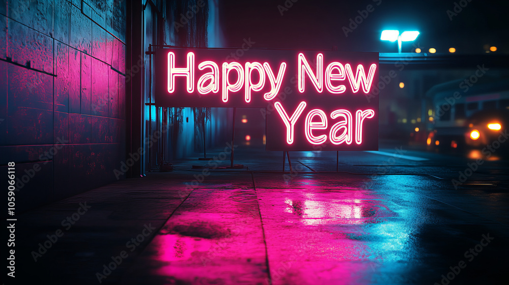 Neon display wishes happy New Year in vibrant colors on a rainy city street at night Neon display wishes happy New Year in vibrant colors on a rainy city street at night