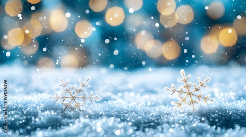 Winter snowflakes macro shot on blue bokeh background, featuring delicate snow crystals, magical winter atmosphere with ethereal glowing particles, frosty surface details, soft focus.