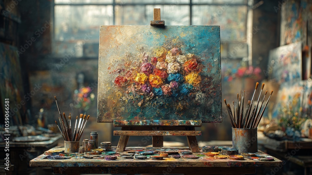 Close-up of an artist palette filled with vibrant colors, with paintbrushes scattered around, set against a cluttered creative studio backdrop, Photorealistic Close-up of an artist palette filled with vibrant colors, with paintbrushes scattered around, set against a cluttered creative studio backdrop, Photorealistic