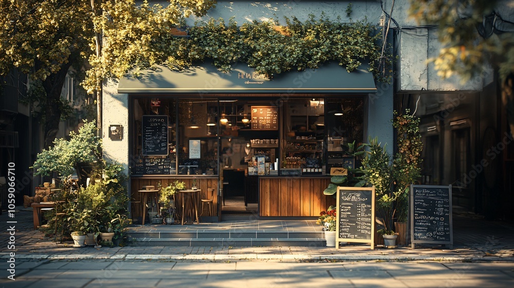 Charming Coffee Shop Exterior with Unique Architectural Design in Urban Setting Charming Coffee Shop Exterior with Unique Architectural Design in Urban Setting