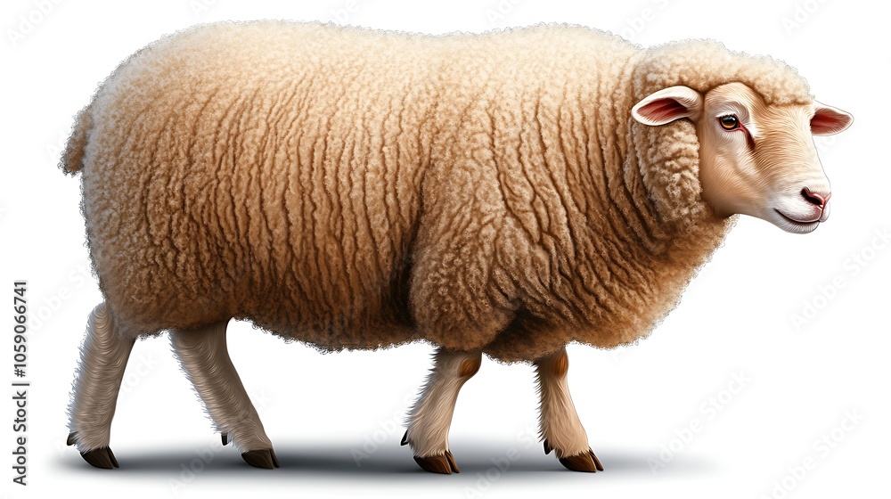 Fototapeta premium Fluffy White Sheep Walking Isolated on White Background